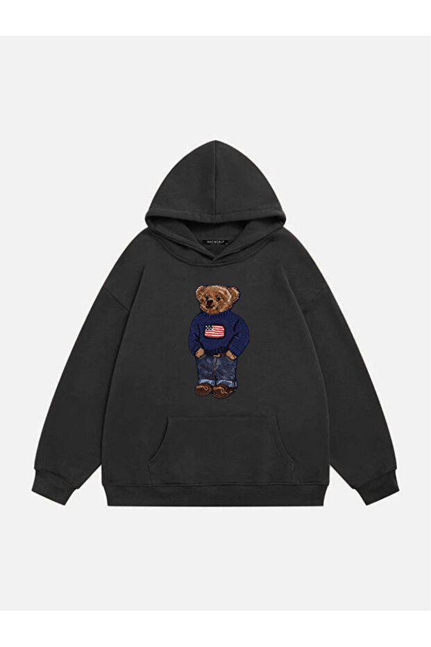 Unisex Teddy Boy Printed Hooded Fleece Oversize Sweatshirt