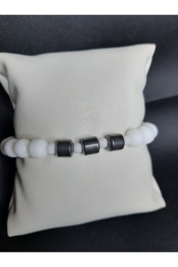 White Glass Beads and Metallic Smoked Onyx Stone Bracelet