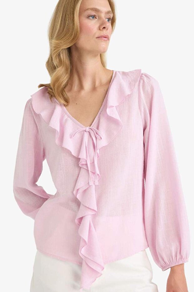 Regular Fit V Yaka Volanlı Pamuklu Uzun Kollu Bluz F9336AX25AU - 1