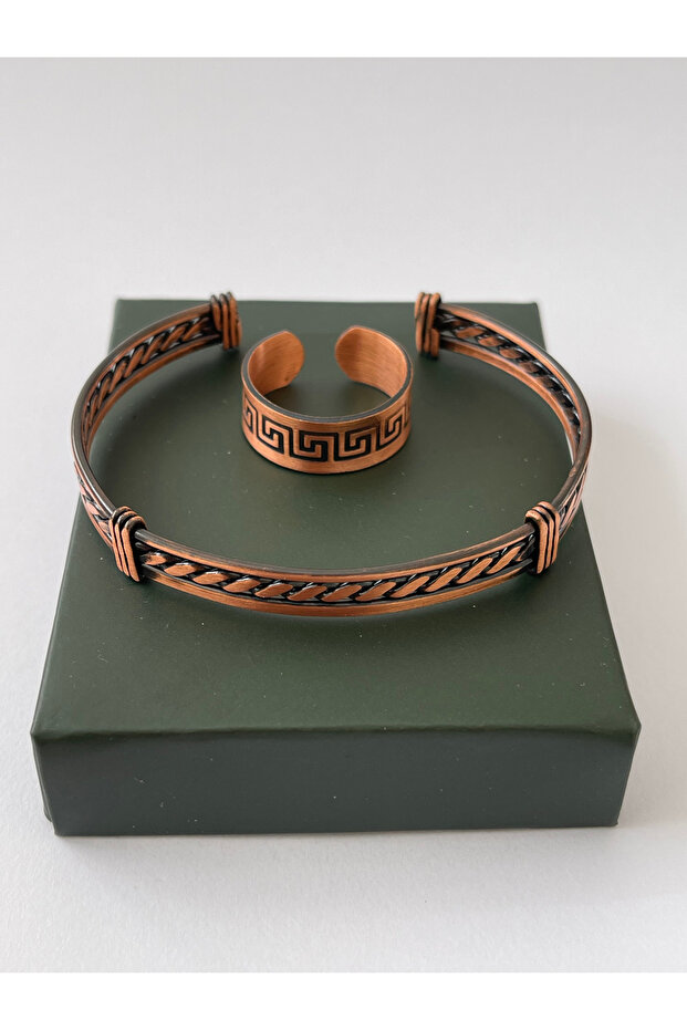 Unisex Adjustable 100% Pure Copper Bracelet Stylish Copper Ring Combination Handmade Bracelet Ring