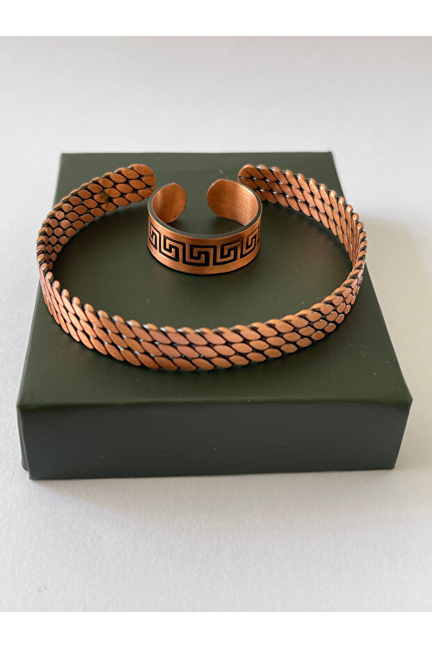 Unisex Adjustable 100% Pure Copper Bracelet Stylish Copper Ring Combination Handmade Bracelet Ring