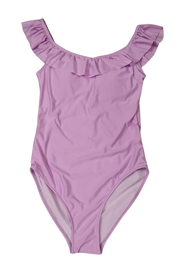 Pink Ruffled Straight Strap Women's Swimsuit