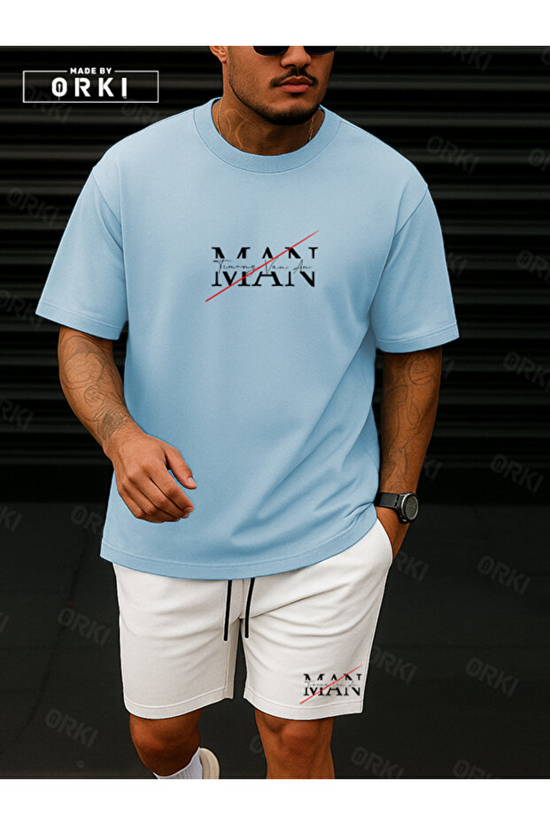 Orki Man Printed – Oversize Men's Light Blue T-Shirt & White Shorts Set