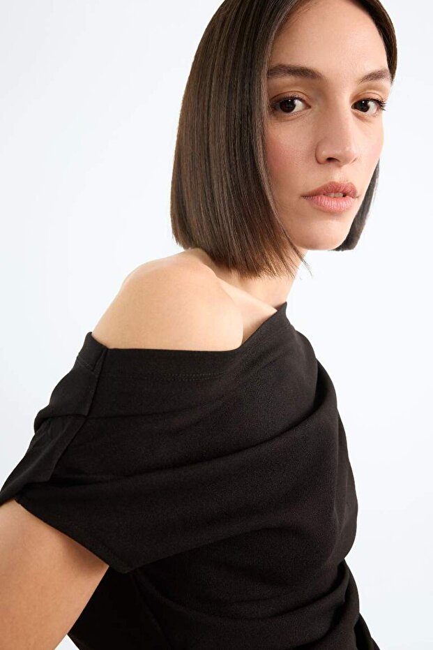 Fitted Basic Düz Tek Omuzlu Siyah Bluz F8993AX25SM - 5