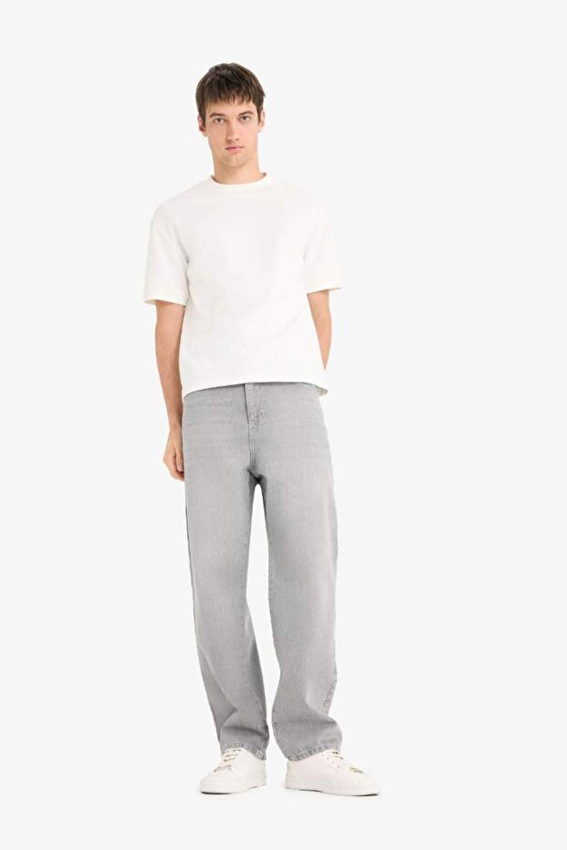 %100 Pamuk Baggy Fit Geniş Paça Jean Yıkamalı Pantolon F6670AX25SM - 3