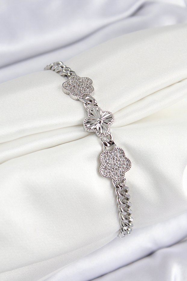 Brass Zircon Stone Clover Model Silver Color Women's Bracelet - Tj-Bb7548