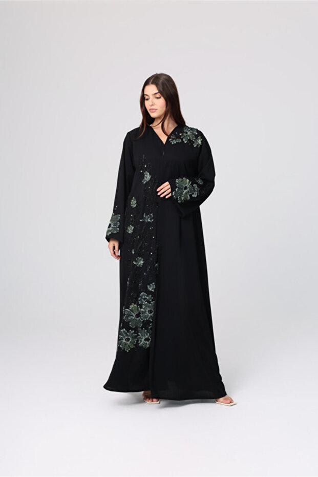 Beaded Green Floral Embroidery Abaya