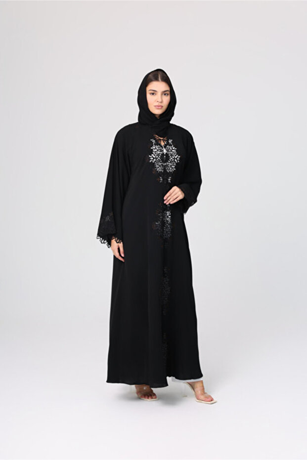 Floral Cut Front Abaya Crystal Details