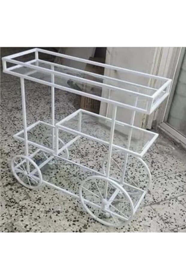 FFD Bar Cart with Clear Glass Shelves — Round Metal Frame Rolling Serving Trolley 100x40x90cm