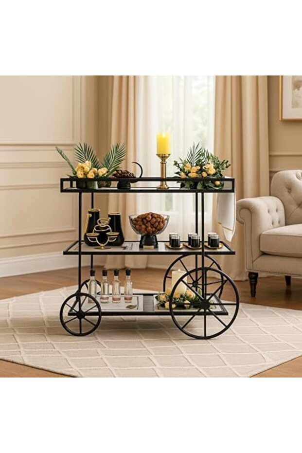 FFD 4-Wheel Metal Serving Trolley with Clear Glass - Multi-Purpose Kitchen Storage Rack 80x40x90cm