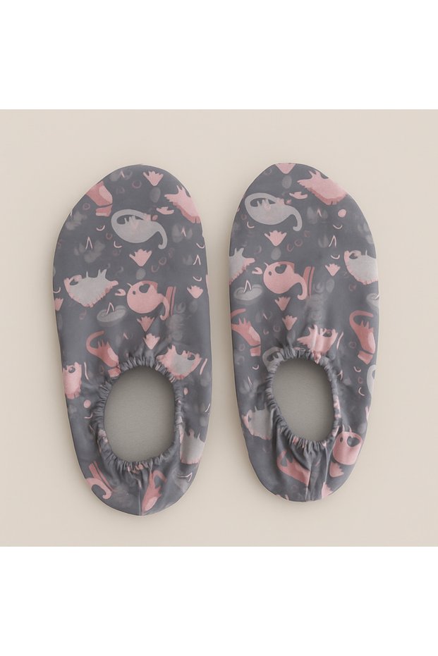Non-Slip Sole Children's Sea Shoes Swimsuit Fabric Gray Colored Dinosaur Patterned