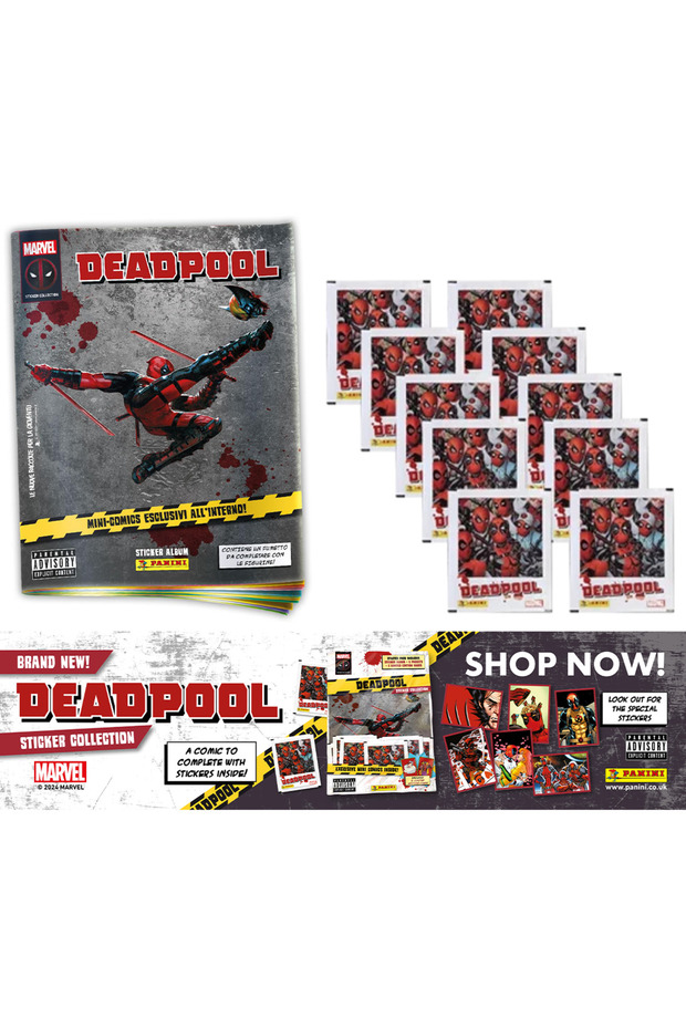 حزمة بدء تشغيل Deadpool Marvel Panini المرخصة + 10 عبوات (40 ملصقًا + 40 بطاقة)