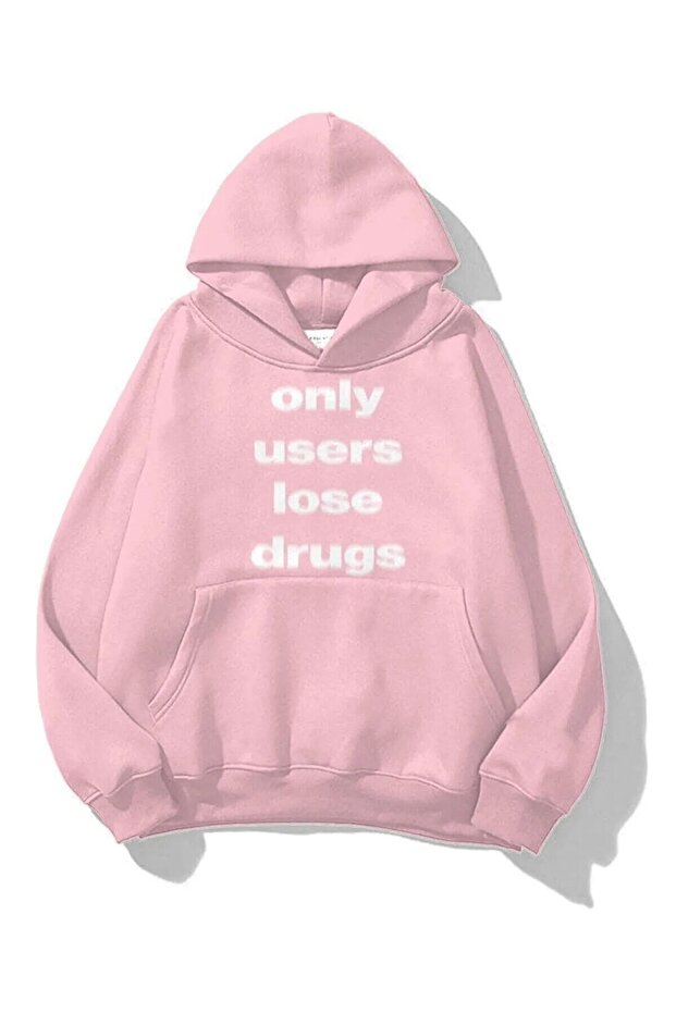 Powder Pink Slogan Printed 3 thread Oversize Hooded Sweatshirt - Hoodie