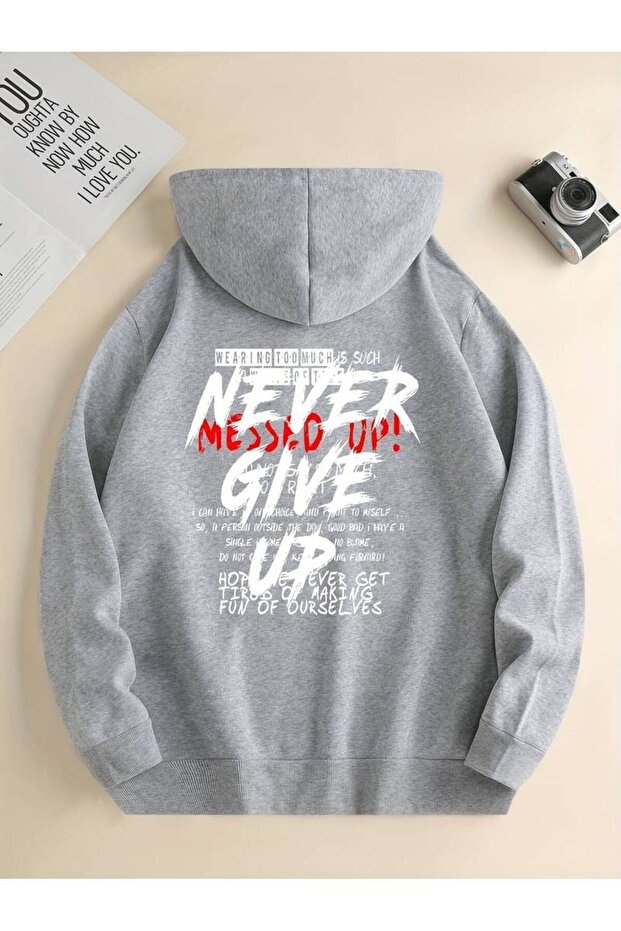 Unisex Never Give up Printed Oversized Winter 3 Thread 100% Cotton K Hooded Sweatshirt Hoodie