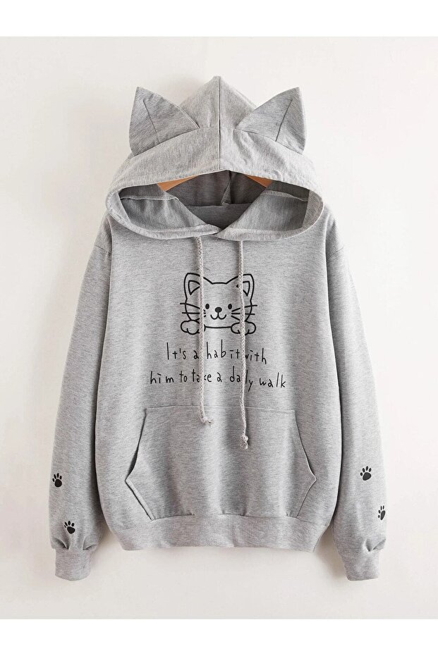 Gray Eared Cat Design Hooded Sweatshirt