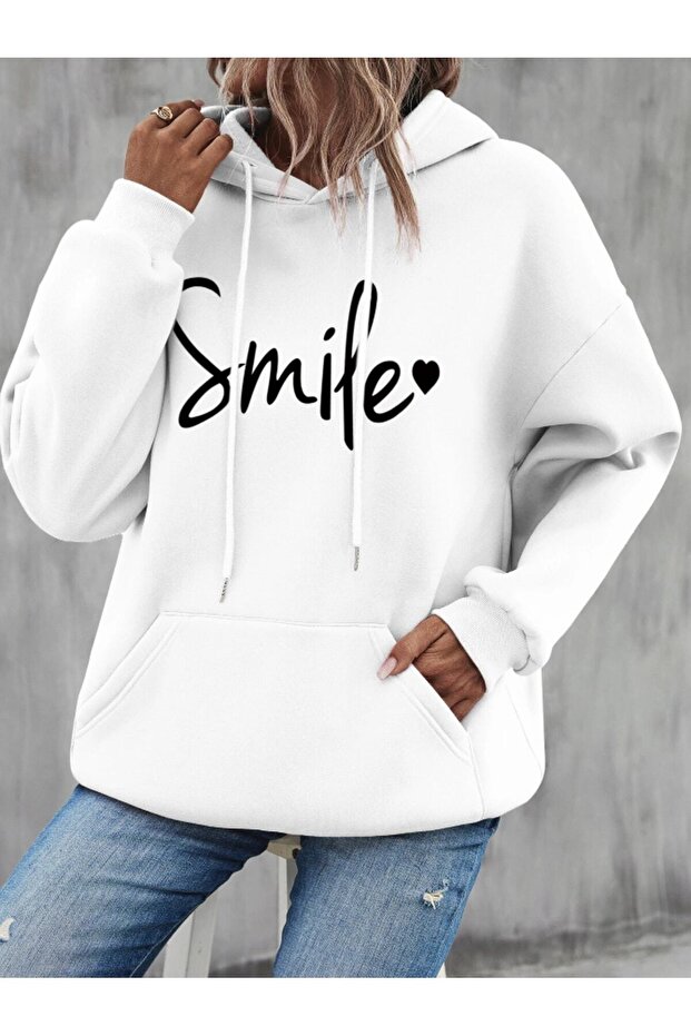 Women's Smile Printed Oversize 3 Thread Hooded Hoddie/Sweatshirt with Pocket
