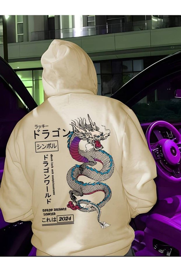 Unisex Dragon Lettering Printed Oversized Winter 3 Thread 100% Cotton K Hooded Sweatshirt Hoodie