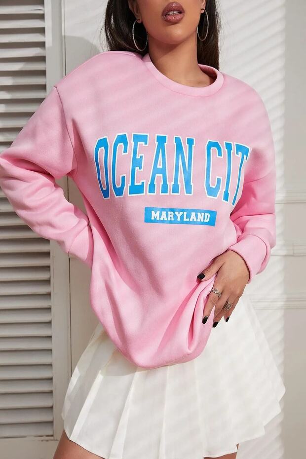 Crew Neck Ocean City Maryland Printed Sweatshirt Dusty Pink