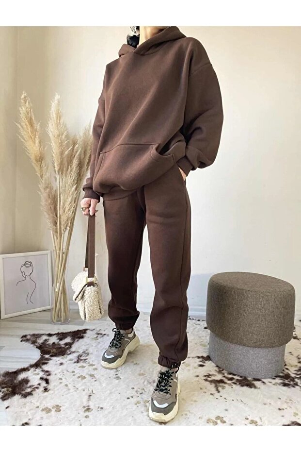Plus Size Women's Unprinted 3 Thread Hooded Tracksuit Set