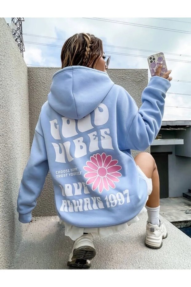 Women's Baby Blue Good Vibes Print Detailed Hooded Pocket Sweatshirt-Hoodie