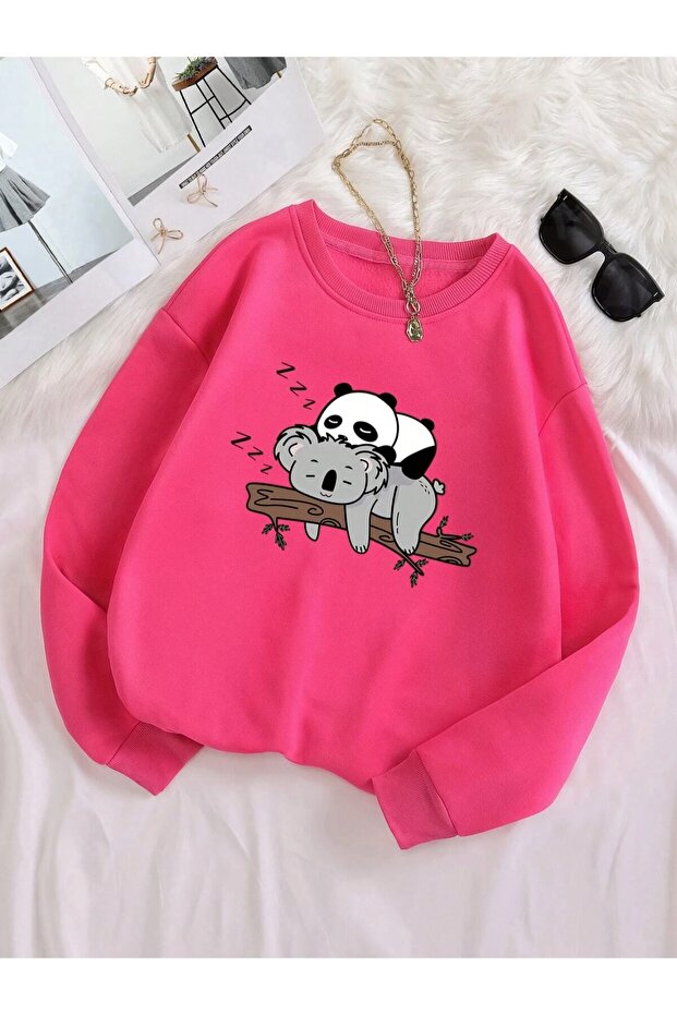 Plus Size Unisex Sleeping Koala Panda Printed 3 Thread Oversize Crew Neck Sweatshirt