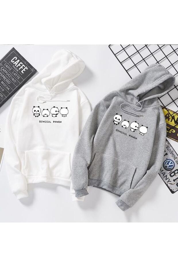 Pack of 2 Panda 'dinggul' Printed Oversize 3 Thread Hooded Gray-white Sweatshirt-hoodie with Pocket