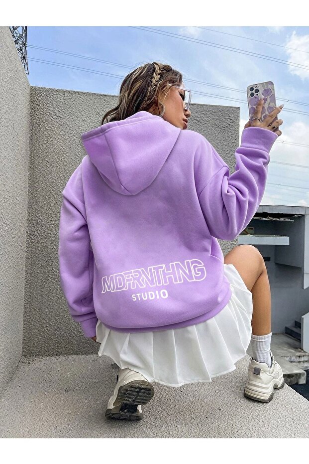 Women's Lilac Mad For Nothing Printed Oversize Hooded Sweatshirt