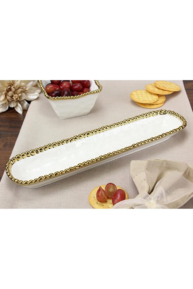 Beth & Lily – Sienna White & Gold Beaded Ceramic Cracker Tray | Luxury Cheese & Snack Board | UAE GCC