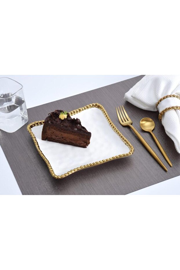 Beth & Lily – Sienna White & Gold Beaded Ceramic Square Dessert Plate | Luxury Table Setting | UAE GCC
