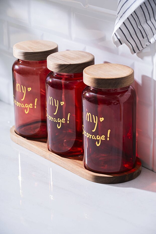 7936 Pierre 3-Piece Acacia Wood Jar Set with Lid and Tray - Red