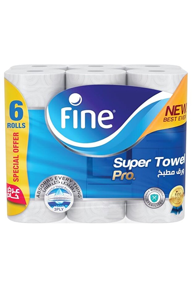 Fine Kitchen Super Towel Pro, 6 Rolls 60 Sheets x 3 Ply Paper Tissue. Packaging may vary