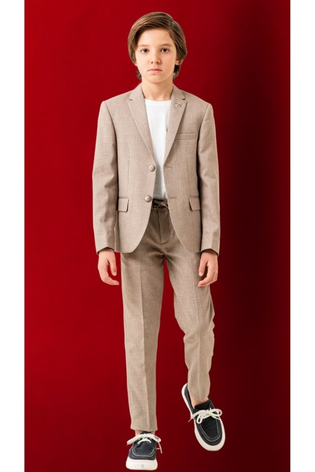 Linen Jogger Boys Suit – Jacket, Pants, T-Shirt, Collar Brooch Set of 4
