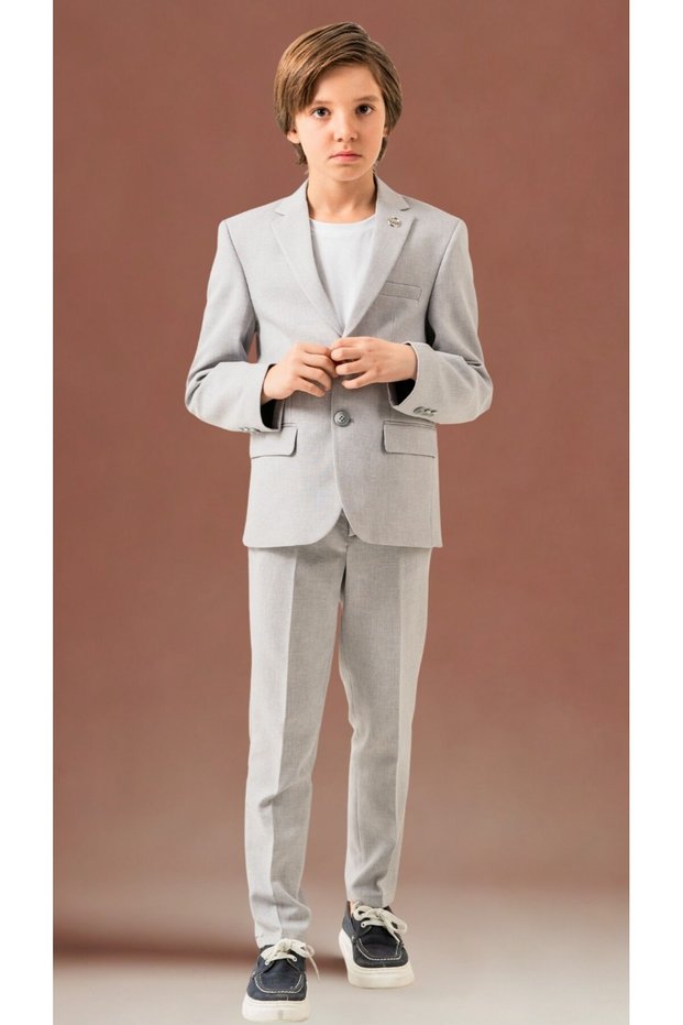 Linen Jogger Boys Suit – Jacket, Pants, T-Shirt, Collar Brooch Set of 4