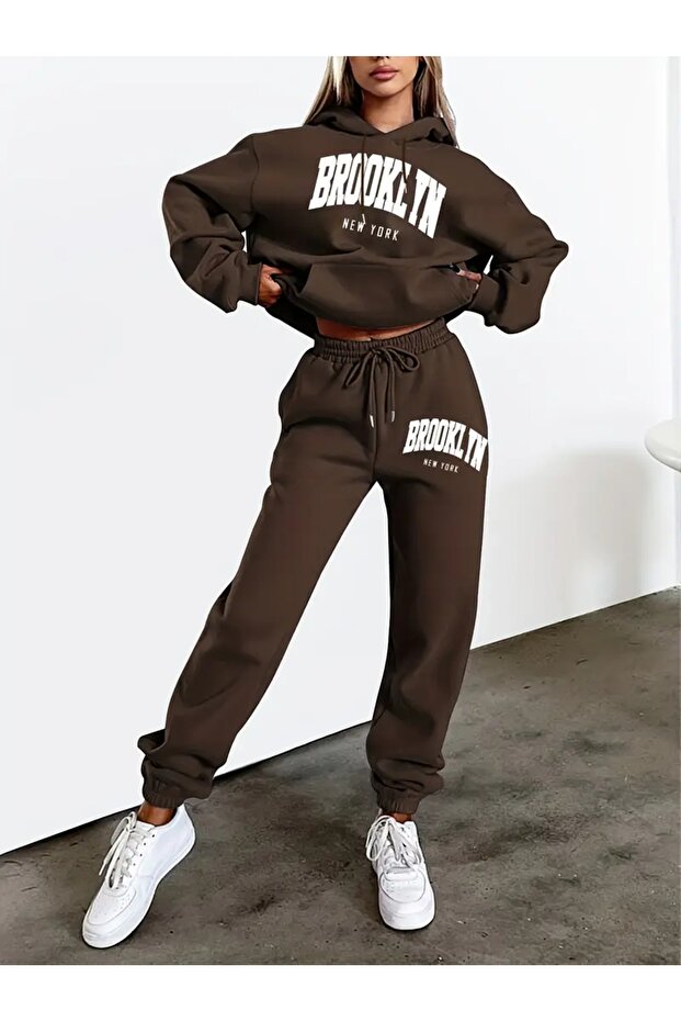 Unisex Men's Women's Brooklyn Printed Oversize 3 Thread Hooded Tracksuit Set