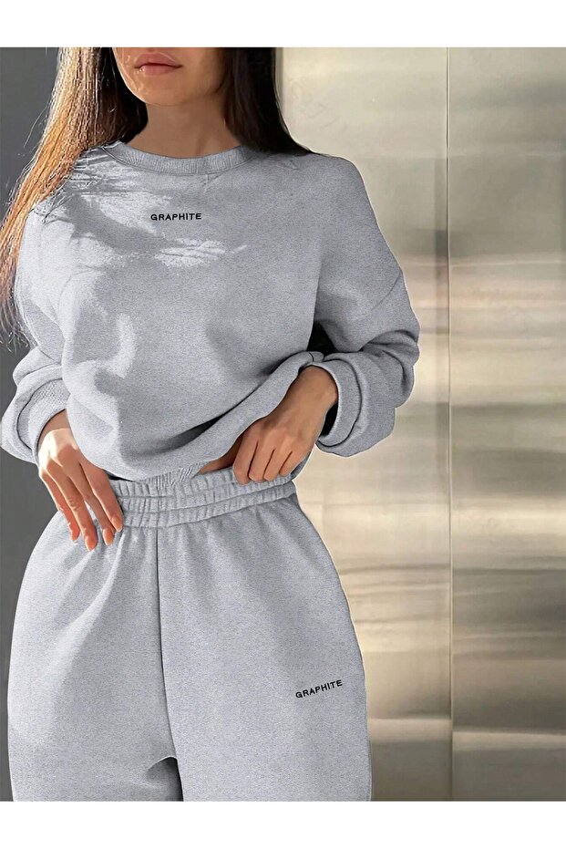 Unisex Men's Women's Graphite Printed 3 Thread Crew Neck Tracksuit Set
