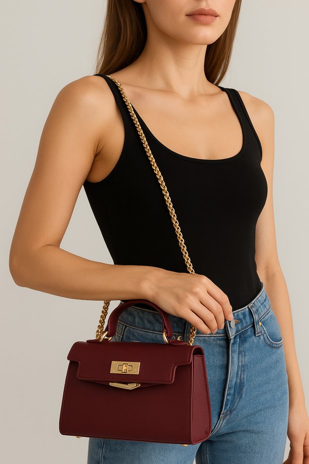 Women's Knitted Chain Strap Burgundy Hand and Shoulder Bag - Crossbody Use - Key Lock Detail