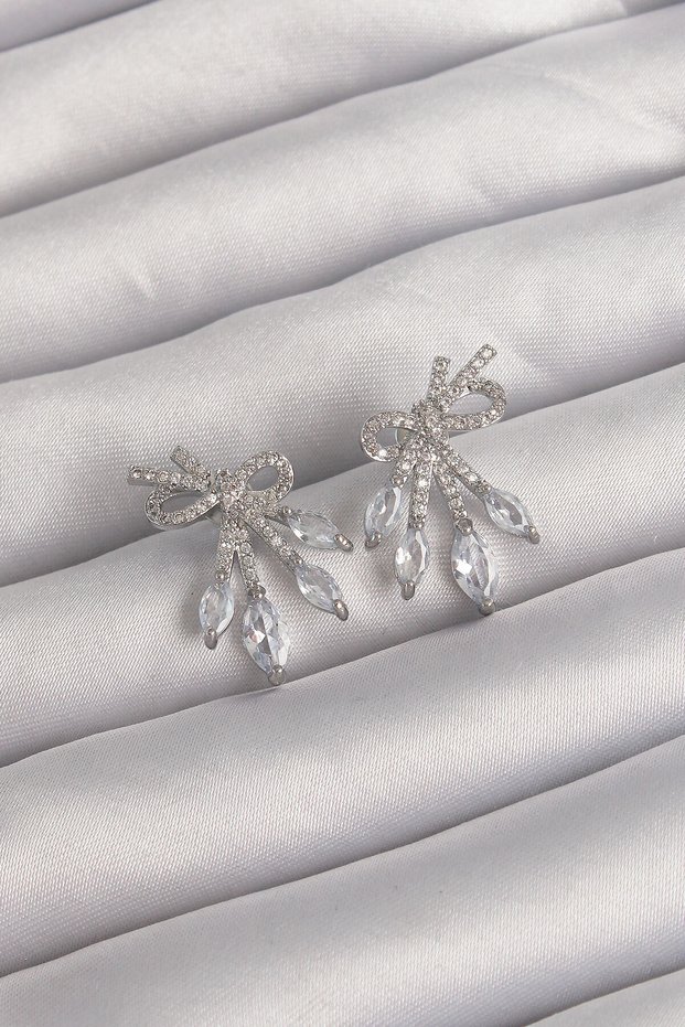 Brass Silver Color Zircon Cubic Zirconia Bow Earrings - Tj-Bkp9292