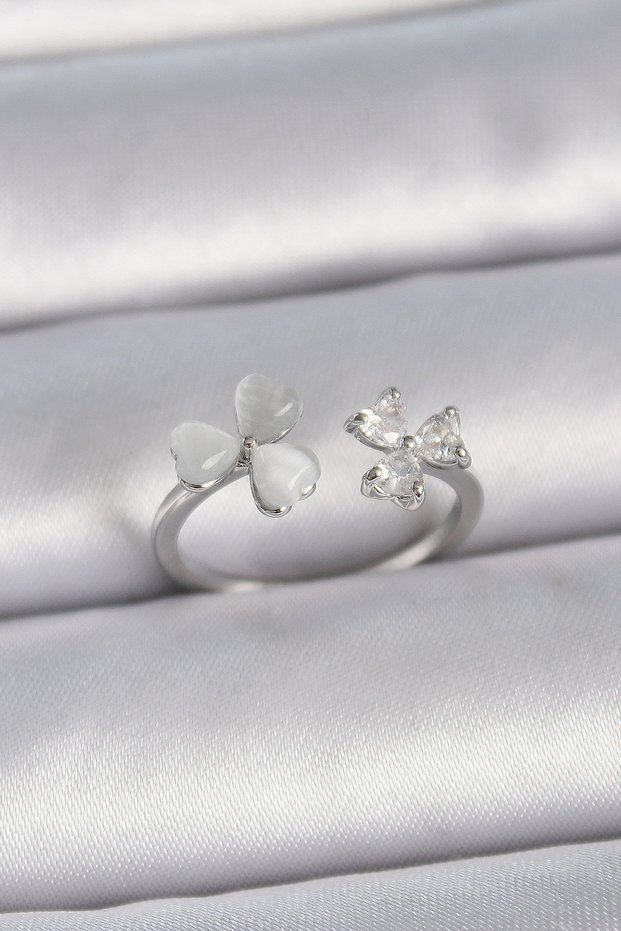 Brass Silver Color Adjustable Zircon Stone White Enamel Heart Model Women's Ring - Tj-Byk3389
