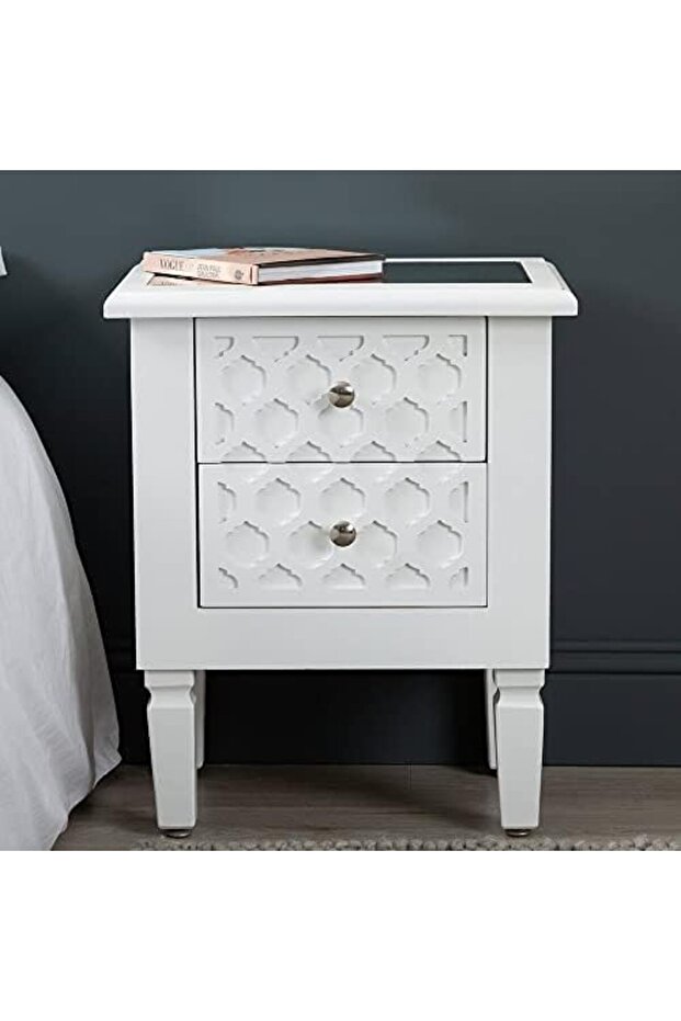 Bedside Table, 2 Drawers Modern Marrakech White Wood Mirrored Top Nightstand Bed Cabin