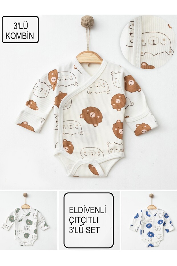 Newborn Baby Cotton Gloves Teddy Bear Pattern Long Sleeve Double Breasted Badi 3-Piece Bodysuit Set