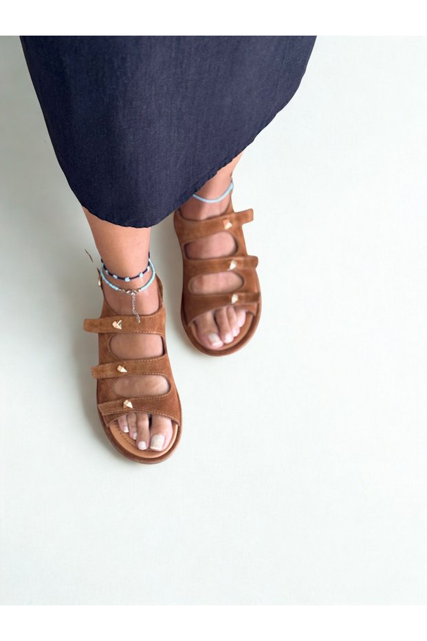 Tan Suede Genuine Leather Women's Daily Sandals with Gold Accessories