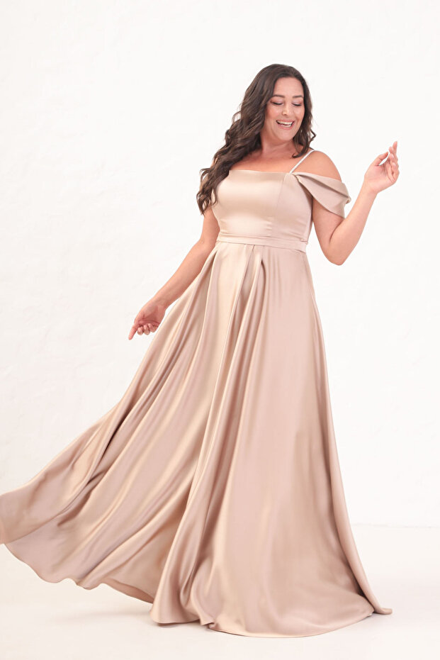 Women's Beige Stone Strap Plus Size Long Evening Dress
