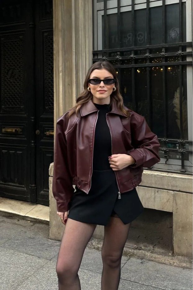 Collared Faux Leather Bomber Jacket