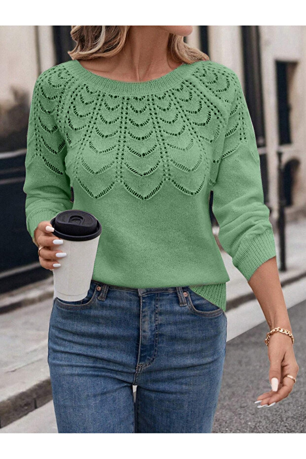 Women's Openwork Patterned Crew Neck Casual Long Sleeve Knit Sweater Mint