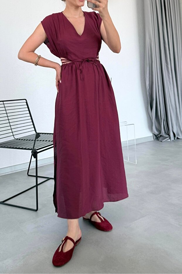 Modal Fabric Waist Decoleted V-Neck Dress 4S781