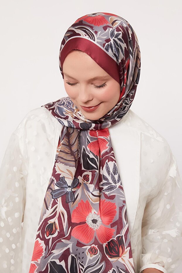 Vişne Petunya Desen Hint İpeği Şal - 3