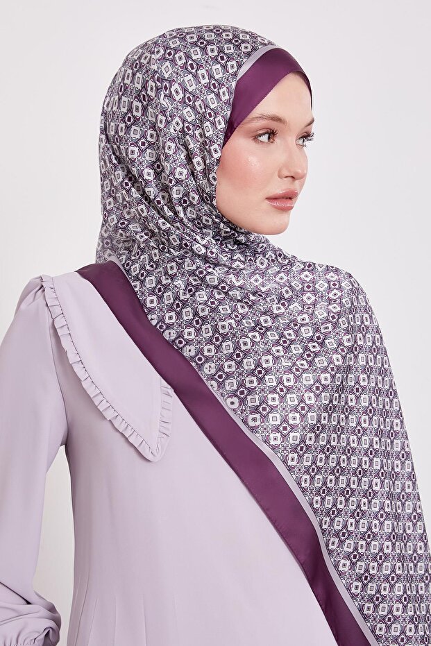 Mor Kare Desen Hint İpeği Şal - 3