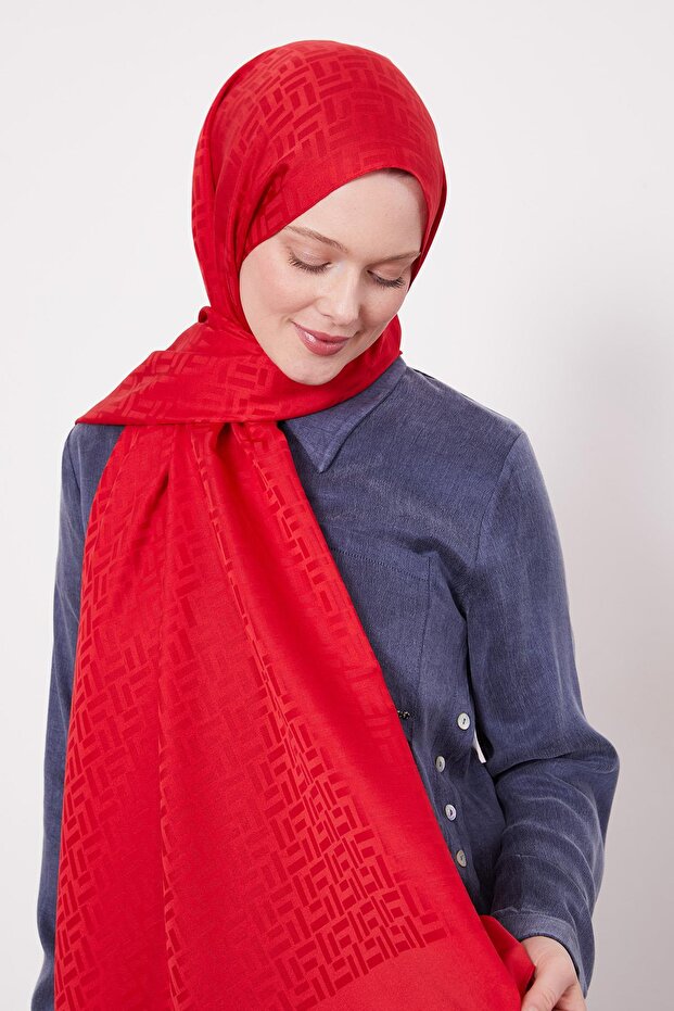 Red Stick Pattern Blue Jacquard Shawl