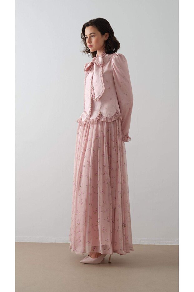 ÖNÜ FULARLI DESENLİ ELBİSE Pembe - 5