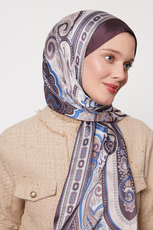 Çikolata Kahve Kenar Geometrik Desen Hint İpeği Şal - 1